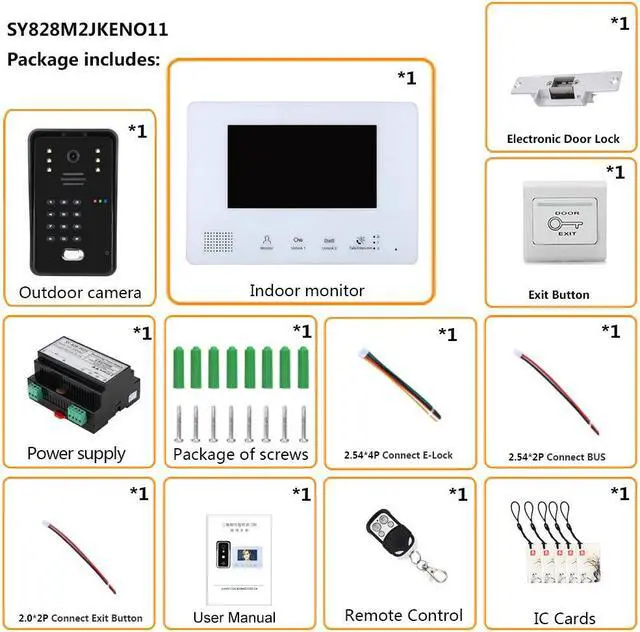 Alt view image 2 of 7 - 2pin Wire Video Door Phone Visual Intercom Doorbell + 7in TFT LCD Screen Monitor + Electric NO Lock, IC Card / Password / remote control unlock intercom doorbell system, 1 Doorbell + 1 Monitor