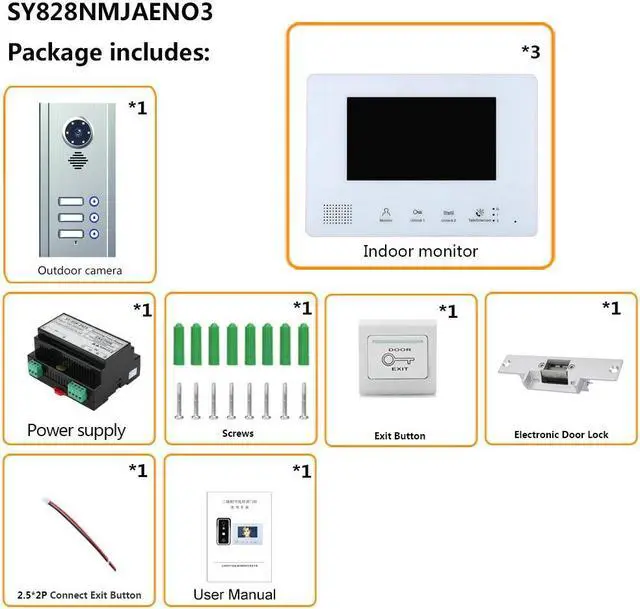 Alt view image 2 of 7 - 7inch TFT LCD Indoor Screen Monitor 2pin Wired Video Door Phone Visual Intercom Systems Doorbell Kit for Villa home 1 Units Apartment Door Bell + Elec NO Lock + Exit Switch,1 doorbell + 3 monitor