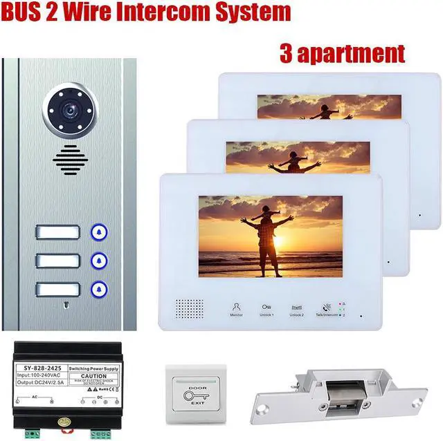 Main image of 7inch TFT LCD Indoor Screen Monitor 2pin Wired Video Door Phone Visual Intercom Systems Doorbell Kit for Villa home 1 Units Apartment Door Bell + Elec NO Lock + Exit Switch,1 doorbell + 3 monitor