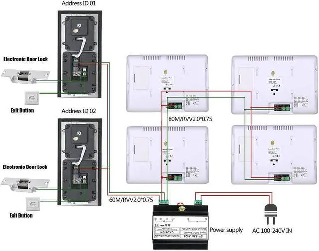 Alt view image 4 of 7 - 7inch TFT LCD Indoor Screen Monitor 2pin Wired Video Door Phone Visual Intercom Systems Doorbell Kit for Villa home 1 Units Apartment Door Bell + Elec NO Lock + Exit Switch,  1 doorbell + 4 monitor