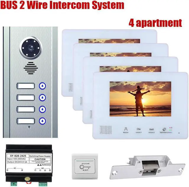 Main image of 7inch TFT LCD Indoor Screen Monitor 2pin Wired Video Door Phone Visual Intercom Systems Doorbell Kit for Villa home 1 Units Apartment Door Bell + Elec NO Lock + Exit Switch,  1 doorbell + 4 monitor