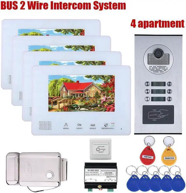 Main image of 2 Units Apartment 2pin Wire Video Door Phone Visual Intercom Doorbell with 2x 7in TFT LCD Screen Monitor, RFID unlock Doorbell Intercom System with 1 Electric Control Lock,1 doorbell + 4 monitor