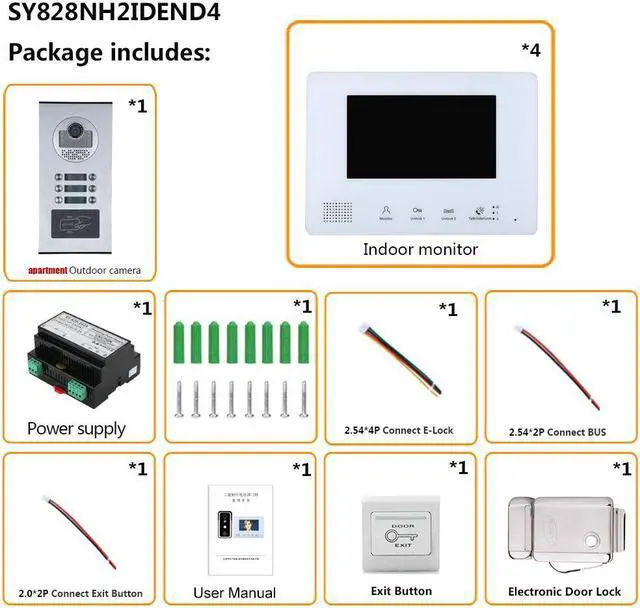Alt view image 3 of 7 - 2 Units Apartment 2pin Wire Video Door Phone Visual Intercom Doorbell with 2x 7in TFT LCD Screen Monitor, RFID unlock Doorbell Intercom System with 1 Electric Control Lock,1 doorbell + 4 monitor