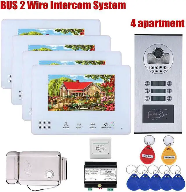 Alt view image 4 of 7 - 2 Units Apartment 2pin Wire Video Door Phone Visual Intercom Doorbell with 2x 7in TFT LCD Screen Monitor, RFID unlock Doorbell Intercom System with 1 Electric Control Lock,1 doorbell + 4 monitor