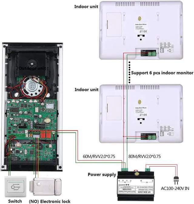 Alt view image 2 of 7 - 2 Units Apartment 2pin Wire Video Door Phone Visual Intercom Doorbell with 2x 7in TFT LCD Screen Monitor, RFID unlock Doorbell Intercom System with 1 Electric Control Lock,1 doorbell + 4 monitor