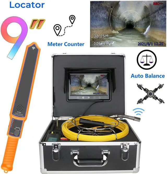 Main image of 9" Monitor  DVR  Sewer Pipe Inspection Video Camera with Meter Counter Auto Self Leveling 512HZ  Pipe Locator  22MM IP68 HD 1000TVL Camera 12PCS LED Lights 20m/65ft