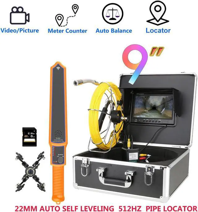 Main image of 9" Monitor  DVR  Sewer Pipe Inspection Video Camera with Meter Counter  512HZ  Pipe Locator  22MM IP68 HD 1000TVL Camera 12PCS LED Lights 30m/98ft