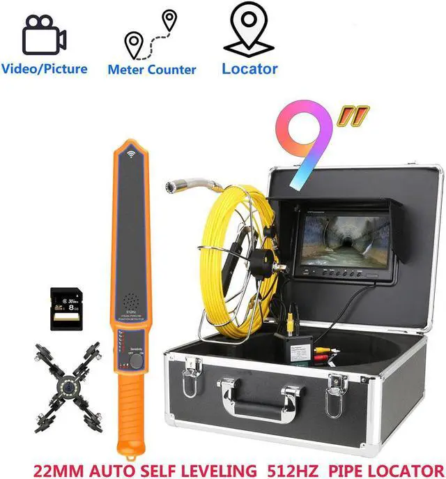 Main image of 9" Monitor  DVR  Sewer Pipe Inspection Video Camera with Meter Counter  512HZ  Pipe Locator  22MM IP68 HD 1000TVL Camera 12PCS LED Lights 50m/164ft