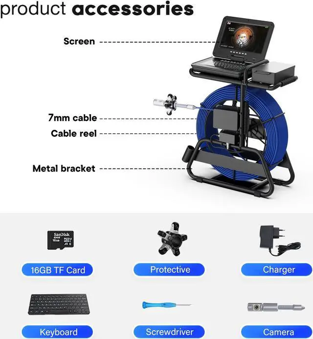 Alt view image 6 of 7 - 10" Screen 360° Rotate Dual Lens Sewer Drain Pipe Pipeline Endoscope 2MP Camera, Video Recording / Meter Counter / 5X Zoom /Keyboard Borescope Plumbing Camera for Plumber,Cable Length 50m/164ft
