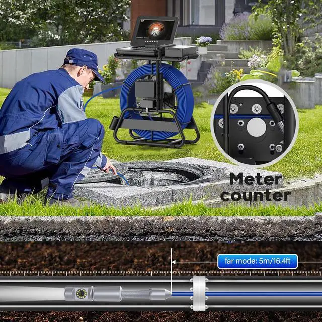 Alt view image 3 of 7 - 10" Screen 360° Rotate Dual Lens Sewer Drain Pipe Pipeline Endoscope 2MP Camera, Video Recording / Meter Counter / 5X Zoom /Keyboard Borescope Plumbing Camera for Plumber,Cable Length 50m/164ft