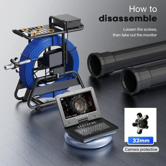 Alt view image 5 of 7 - 10" Screen 360° Rotate Dual Lens Sewer Drain Pipe Pipeline Endoscope 2MP Camera, Video Recording / Meter Counter / 5X Zoom /Keyboard Borescope Plumbing Camera for Plumber,Cable Length 50m/164ft