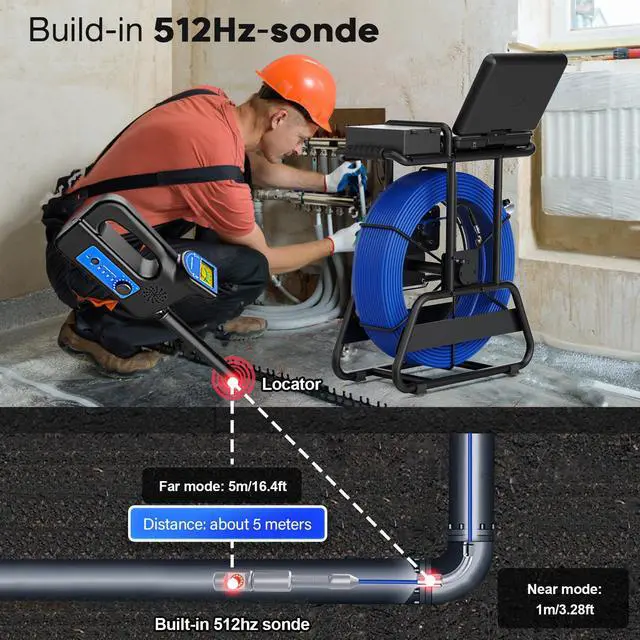Alt view image 4 of 7 - 10" Screen 360° Rotate Dual Lens Sewer Drain Pipe Pipeline Endoscope 2MP Camera, Video Recording / Meter Counter / 5X Zoom /Keyboard Borescope Plumbing Camera for Plumber,Cable Length 50m/164ft