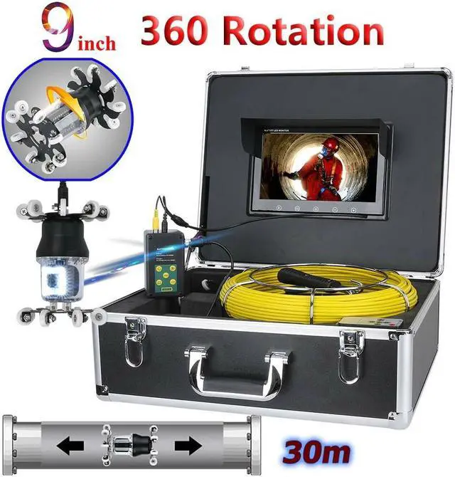 Main image of Sewer Drain Pipe Pipeline Inspection Industrial Endoscope 360° Rotating Camera 9" Screen + battery home Blocked draining plumbing Industrial Endoscope Waterproof IP68, Cable length 30m/98ft