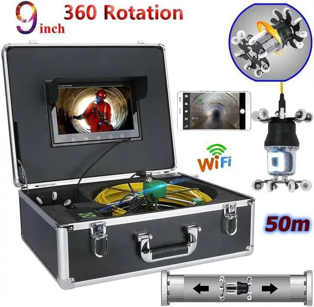 Main image of Wifi Sewer Drain Pipe Pipeline Inspection Industrial Endoscope 360° Rotating Camera 9" Screen + battery home Blocked draining plumbing Industrial Endoscope Waterproof IP68, Cable length 30m/98ft