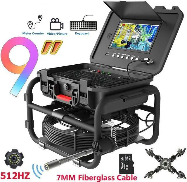 Main image of 8 hours continuous work Industrial Plumbing Tools Sewer Pipe Inspection Camera 9Inch IPS 1080P Screen and  512HZ Locator Video+Audio Recording 5X Image Enlarge+Meter Counter +7MM Fiberglass Cable 20m