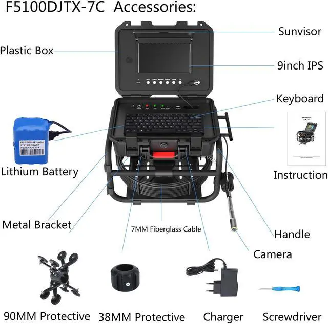 Alt view image 5 of 7 - 8 hours continuous work Industrial Plumbing Tools Sewer Pipe Inspection Camera 9Inch IPS 1080P Screen and  512HZ Locator Video+Audio Recording 5X Image Enlarge+Meter Counter +7MM Fiberglass Cable 20m