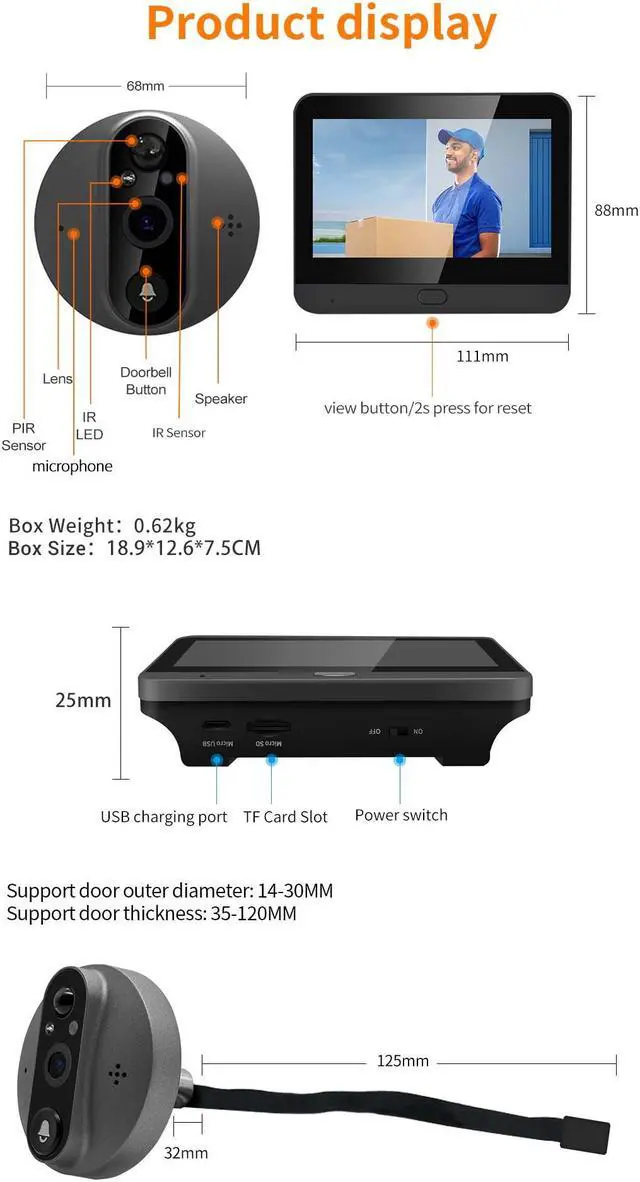 Alt view image 6 of 7 - VisiPower 2MP 1080P Smart digital door viewer WIFI Doorbell 4.3 inch screen Support TUYA APP Wide Angle PIR motion detection with Night Vision filming with Sound Video Doorbell Camera