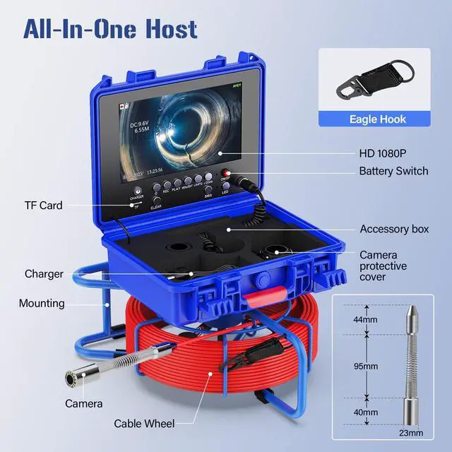 Alt view image 4 of 7 - VisiPower 9" Display Screen 2MP Pipe Sewer Drain Inspection Camera Video Record Meter Counter Auto Self-Leveling Industrial Endoscope Borescope Cable 5mm,512HZ Locator(Optional), Cable length 20m/65ft
