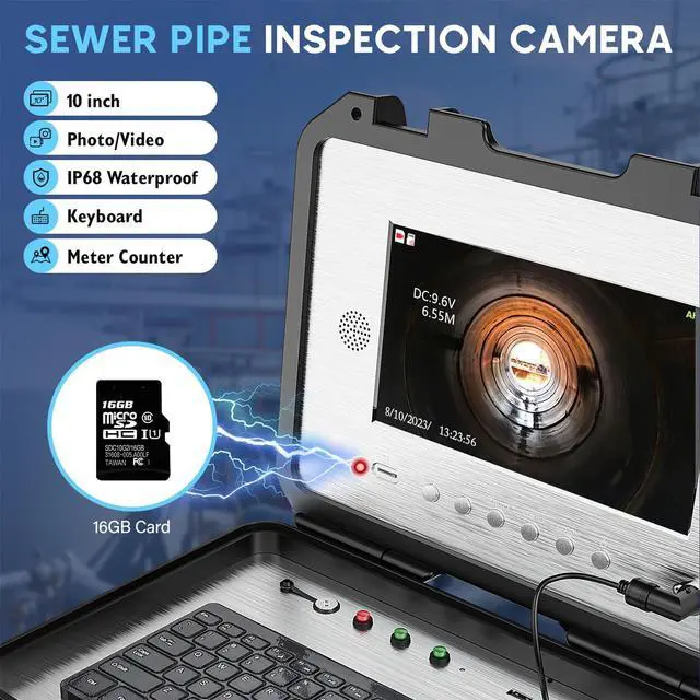 Alt view image 2 of 7 - VisiPower 10" Screen Pipe Sewer Drain Inspection 2MP Camera with Video Recording Meter Counter Keyboard Auto Self Leveling Industrial Endoscope Borescope 7mm,512HZ Locator Optional, Cable 30m/98ft