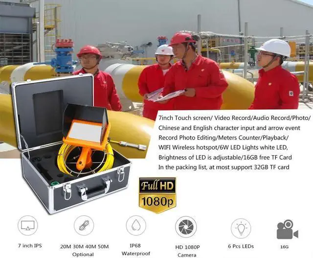 Alt view image 9 of 14 - VisiPower AHD1080P 7" Touch Screen Pipe Sewer Inspection Video1080P HD Camera,6W LED Light/Meter Counter/Video recording / Wifi / Photo Editing/50m/164ft Cable Length