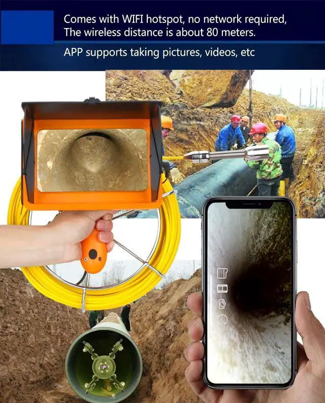 Alt view image 12 of 14 - VisiPower AHD1080P 7" Touch Screen Pipe Sewer Inspection Video1080P HD Camera,6W LED Light/Meter Counter/Video recording / Wifi / Photo Editing/50m/164ft Cable Length