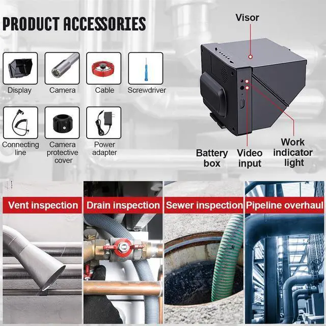 Alt view image 7 of 7 - visiPower Sewer Drain Pipe Vent Inspection Camera with 4.3 Monitor, Camera head Dia 22mm Sewer Pipeline Industrial Endoscope waterproof IP68,  Cable Length 20m/65ft