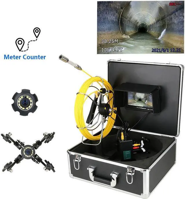 Main image of visiPower Sewer Pipe Drain Pipe Pipeline Inspection Camera Industrial Endoscope System 7" display, Meter Counter, Waterproof 12PCS LED Lights for home Blocked draining plumbing Cable length 20m/65ft