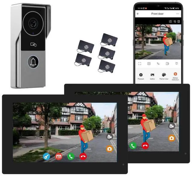 Main image of visiPower 2pin-Wired 2MP HD Indoor 7" WiFi Monitor Smart Home Doorbell Intercom System, Remote  Unlock Video Record Motion Detect 2-Way Talk IR Camera Door Bell 1x doorbell Silver+ 2x 7" Monitor Black
