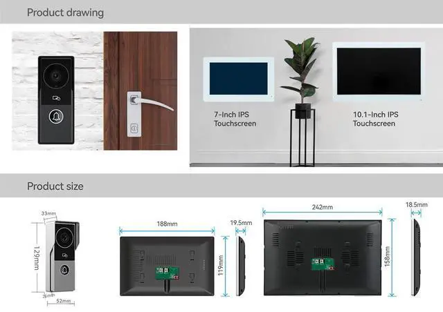 Alt view image 3 of 7 - visiPower 2pin-Wired 2MP HD Indoor 10" WiFi Monitor Smart Home Doorbell Intercom System, Remote Unlock Video Record Motion Detect 2-Way Talk IR Camera Door Bell 1x doorbell Silver+ 2x 10" Screen Black