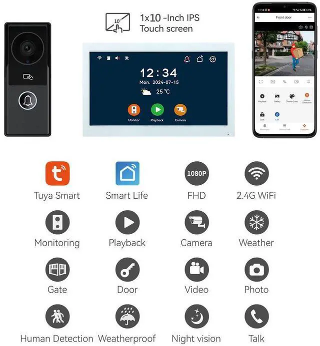 Alt view image 2 of 7 - visiPower 2pin-Wired 2MP HD Indoor 10" WiFi Monitor Smart Home Doorbell Intercom System, Remote Unlock Video Record Motion Detect 2-Way Talk IR Camera Door Bell 1x doorbell Silver+ 2x 10" Screen Black