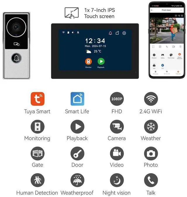 Alt view image 2 of 7 - visiPower 2pin-Wired 2MP HD Indoor 7" WiFi Monitor Smart Home Doorbell Intercom System, Remote  Unlock Video Record Motion Detect 2-Way Talk IR Camera Door Bell 1x doorbell Silver+ 2x 7" Monitor Black