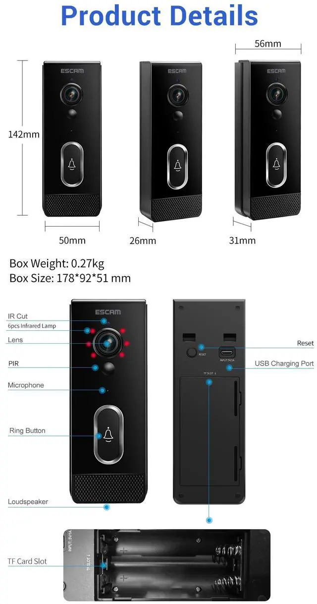 Alt view image 6 of 7 - visiPower 2MP Wireless WiFi Smart Doorbell + Battery, Human Motion Detection, 2-Way Audio, Night Vision, 7 days free Cloud Storage, Tuya Smart APP Alerts, SD Card Support Home Security Doorbell Camera