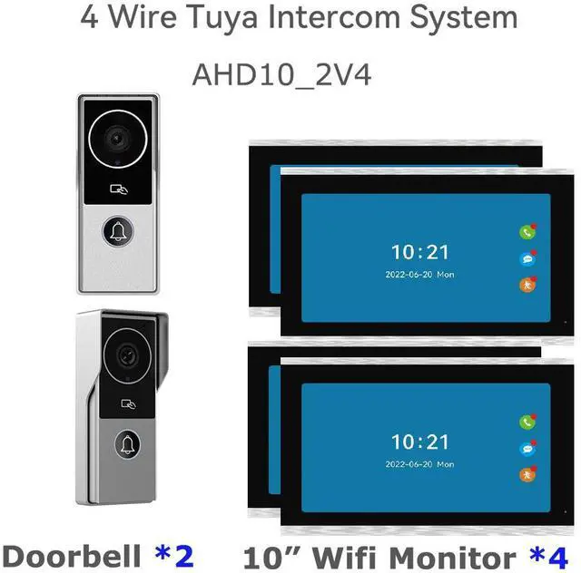 Main image of visiPower 10" Screen 2MP HD Wired WiFi Video Doorbell Intercom System, Remote Phone Tuya APP Control, Phone unlock Video Recording 2-Way Audio Motion Detection IR Camera, 2 doorbell + 4 monitor