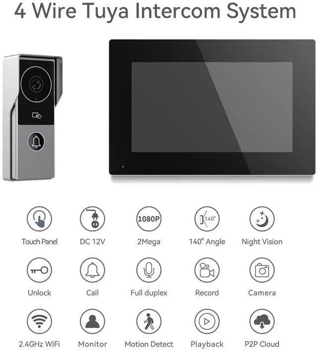Main image of 10" Screen 1080P 2MP HD Wired WiFi Video Doorbell Intercom System, Remote Phone Tuya APP Control, Support Phone unlock Video Recording 2-Way Audio Motion Detection IR Camera 1 doorbell + 1 monitor