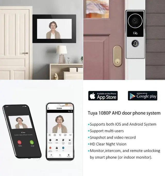 Alt view image 2 of 7 - visiPower 7" Screen 1080P 2MP HD Wired WiFi Video Doorbell Intercom System, Remote Phone Tuya APP Control, Phone unlock Video Recording 2-Way Audio Motion Detection Camera, 2 doorbell + 3 monitor