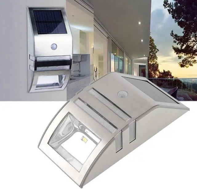 Alt view image 4 of 7 - 2LED Solar Power Stainless Steel PIR Human Motion Sensor Light Wall Outdoor Lamp