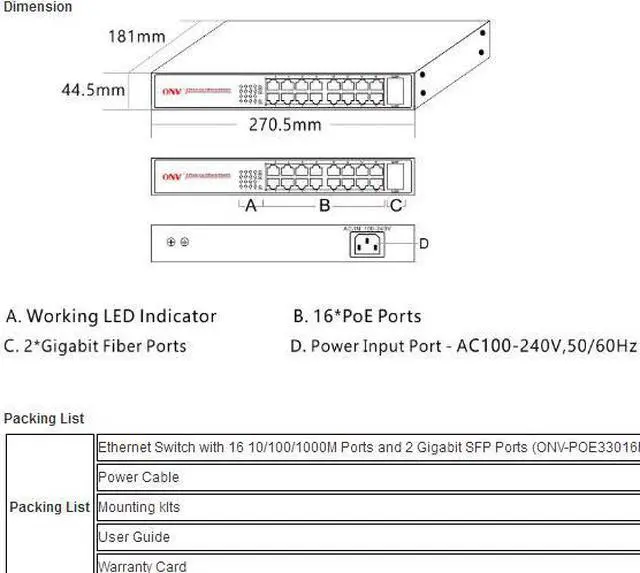 Alt view image 5 of 5 - ONV-POE33016PFB 16*10/100/1000M PoE ports + 2*gigabit SFP ports IEEE802.3af/at POE Switch