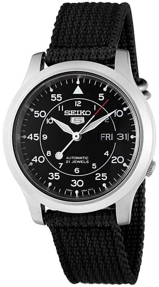 Alt view image 5 of 16 - Seiko 5 Black Dial Black Canvas Strap Automatic Mens Watch SNK809K2