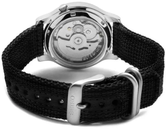 Alt view image 6 of 16 - Seiko 5 Black Dial Black Canvas Strap Automatic Mens Watch SNK809K2