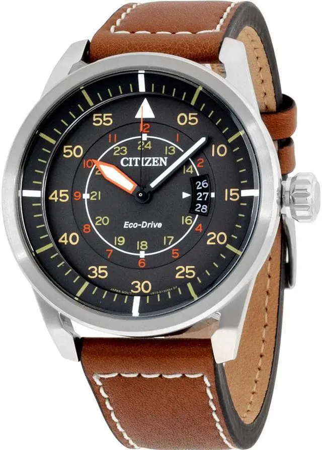 Alt view image 8 of 19 - Citizen AW1361-10H Men's Avion Eco-Drive Charcoal Dial Brown Leather Strap Watch