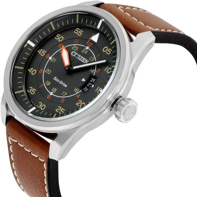 Alt view image 9 of 19 - Citizen AW1361-10H Men's Avion Eco-Drive Charcoal Dial Brown Leather Strap Watch