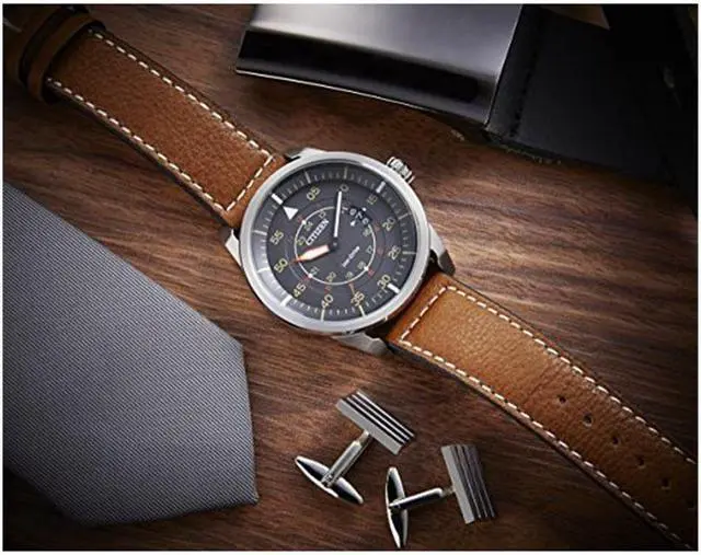 Alt view image 11 of 19 - Citizen AW1361-10H Men's Avion Eco-Drive Charcoal Dial Brown Leather Strap Watch