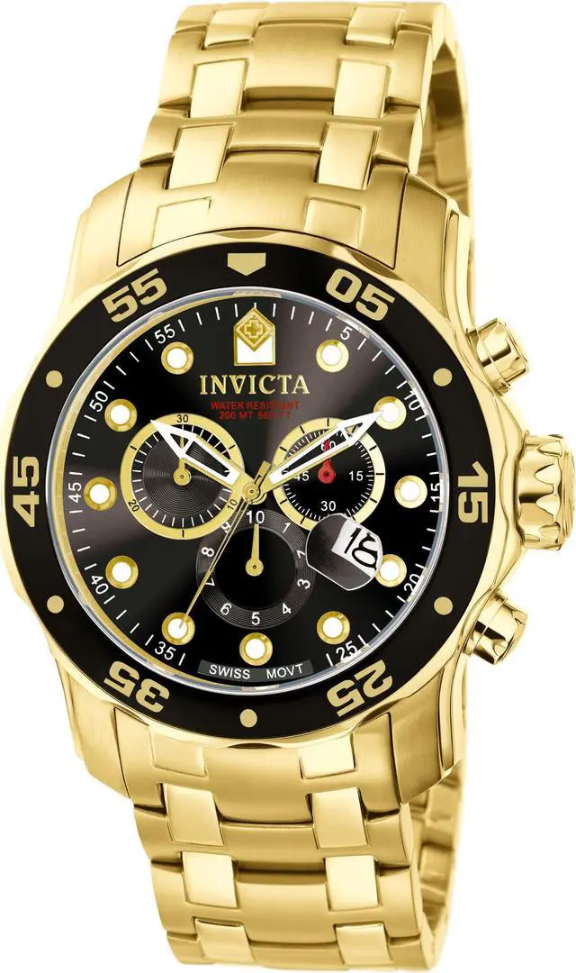 Alt view image 4 of 13 - Invicta 0072 Pro Diver Black Dial Gold Plated Chronograph Men's Watch