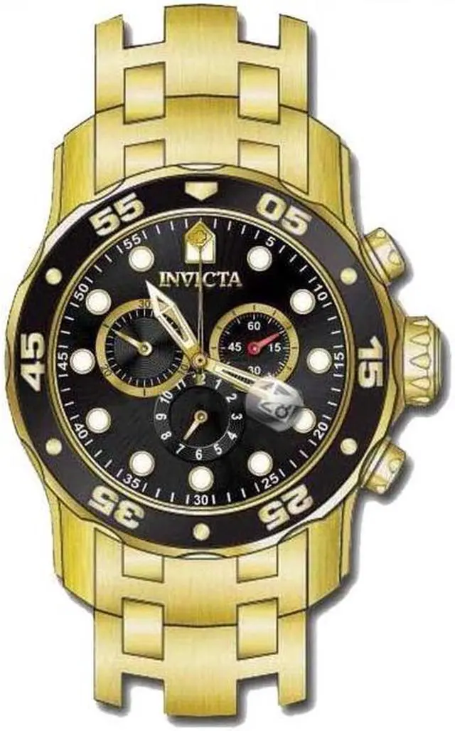 Alt view image 5 of 13 - Invicta 0072 Pro Diver Black Dial Gold Plated Chronograph Men's Watch