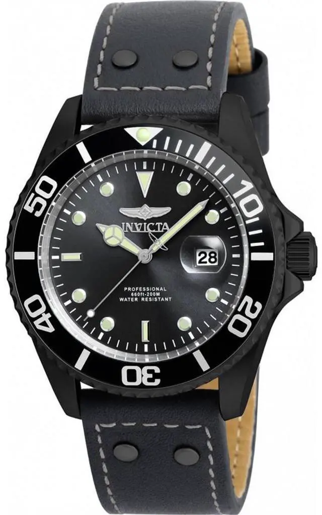 Alt view image 8 of 13 - Invicta 22077 Men's Pro Diver Grey Genuine Calf Leather Gunmetal Dial Gunmetal Ip Ss Watch