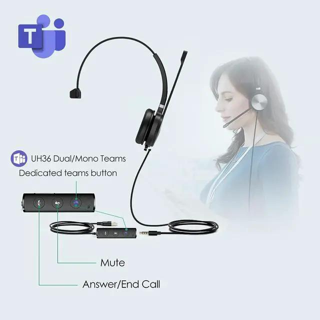 Alt view image 2 of 6 - Yealink Teams Certified Telephone Headset Microphone USB Wired UH36 UH34 Noise Cancelling with Mic for Computer PC Laptop Stereo for Calls and Music 3.5mm Jack (UH36-MONO, Teams Optimized)