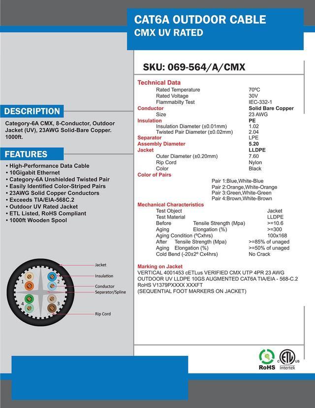 Alt view image 8 of 9 - Vertical Cable CAT6A UV Rated Outdoor Bulk Cable 1,000ft. - Black
