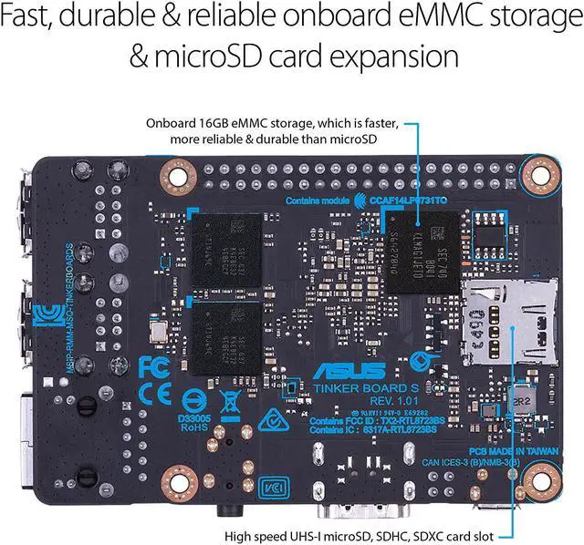 Alt view image 5 of 20 - ASUS Tinker Board S Quad-Core 1.8GHz SoC 2GB RAM 16GB eMMC Storage GB LAN Wi-Fi & GPIO Connectivity Motherboard