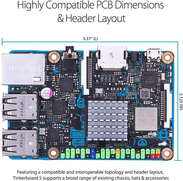 Alt view image 4 of 20 - ASUS Tinker Board S Quad-Core 1.8GHz SoC 2GB RAM 16GB eMMC Storage GB LAN Wi-Fi & GPIO Connectivity Motherboard