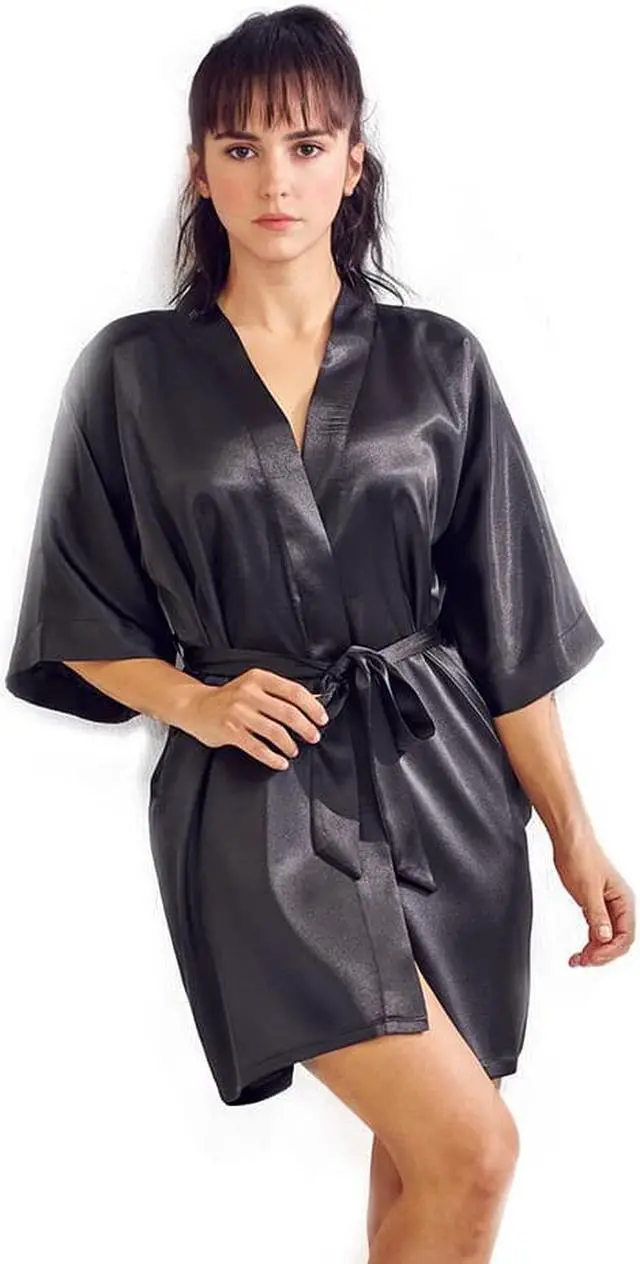 Main image of Satin Kimono Black Short Robe for Women (Small/ Medium)
